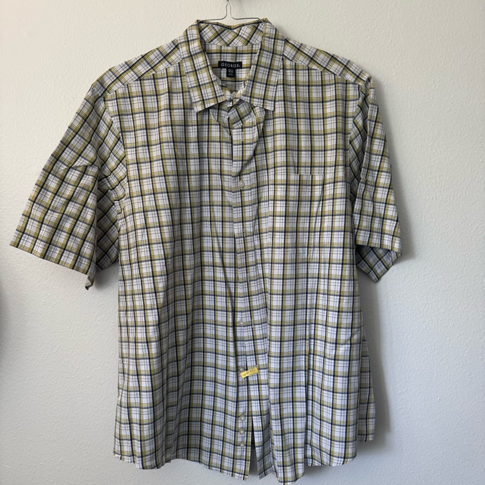 George Men’s Short Sleeve Button-Up Shirt – 2XL (50-52) – Yellow & Navy Plaid $9